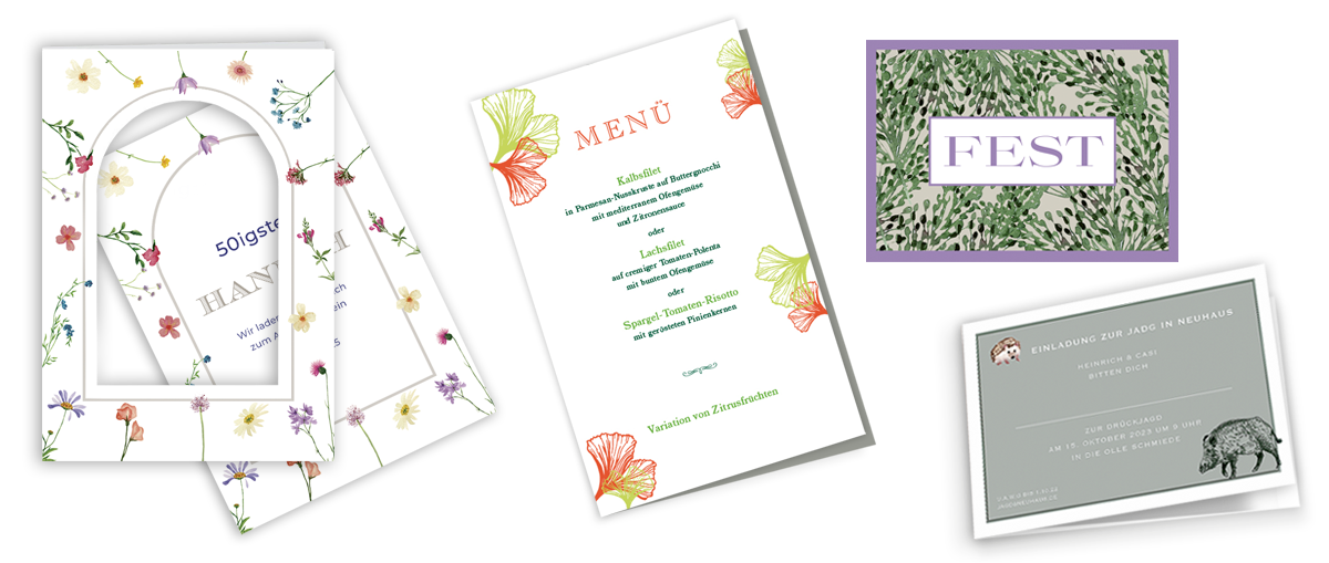 Inspirationsbild mit handgefertigten Karten zu verschiedenen Anlässen – Hochzeit, Geburt und Taufe – veredelt mit Goldprägung, Schleifen und feinen Papieren