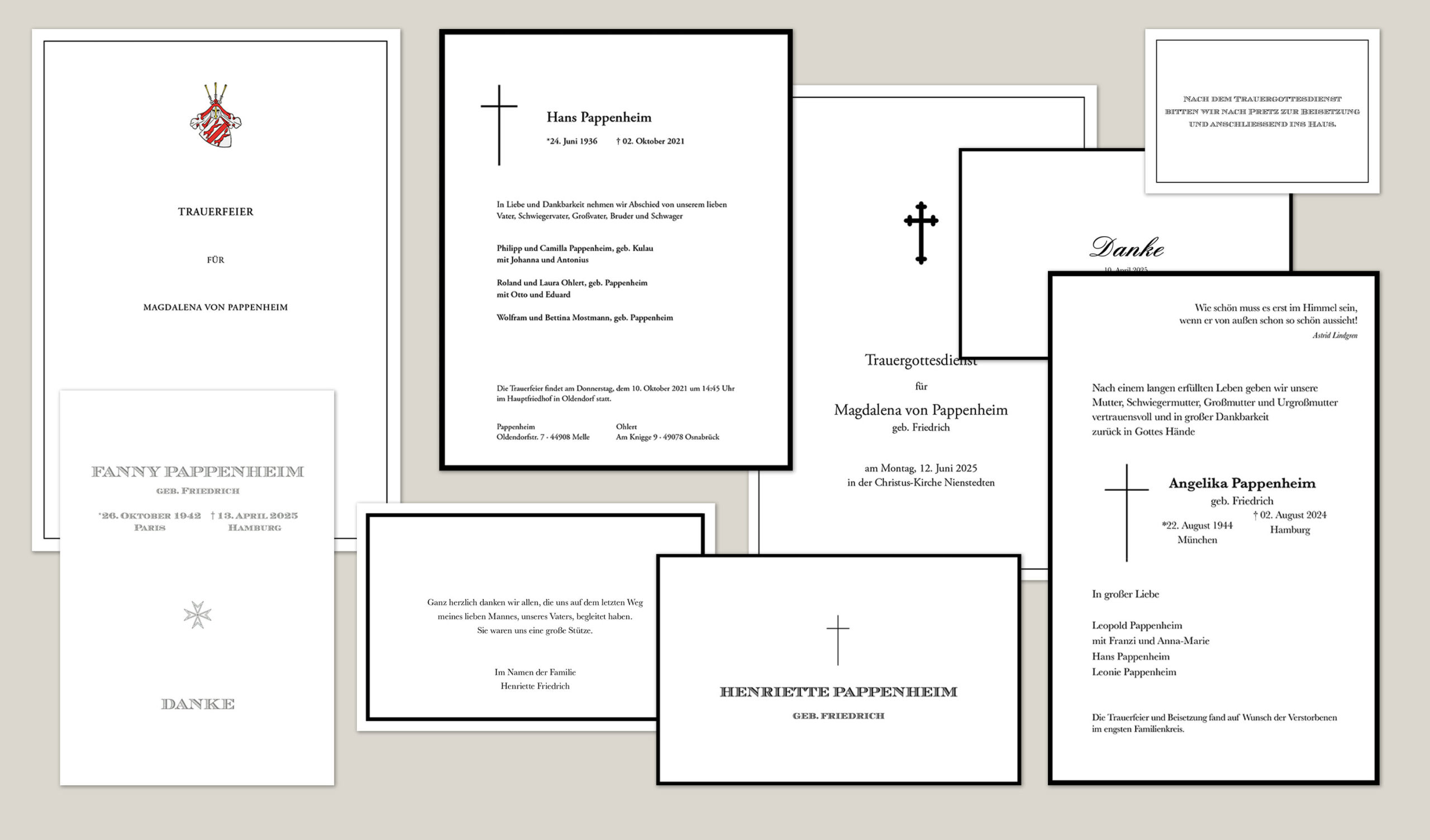 Verschiedene Traueranzeigen in unterschiedlichen Formaten – stilvoll und individuell gestaltet.