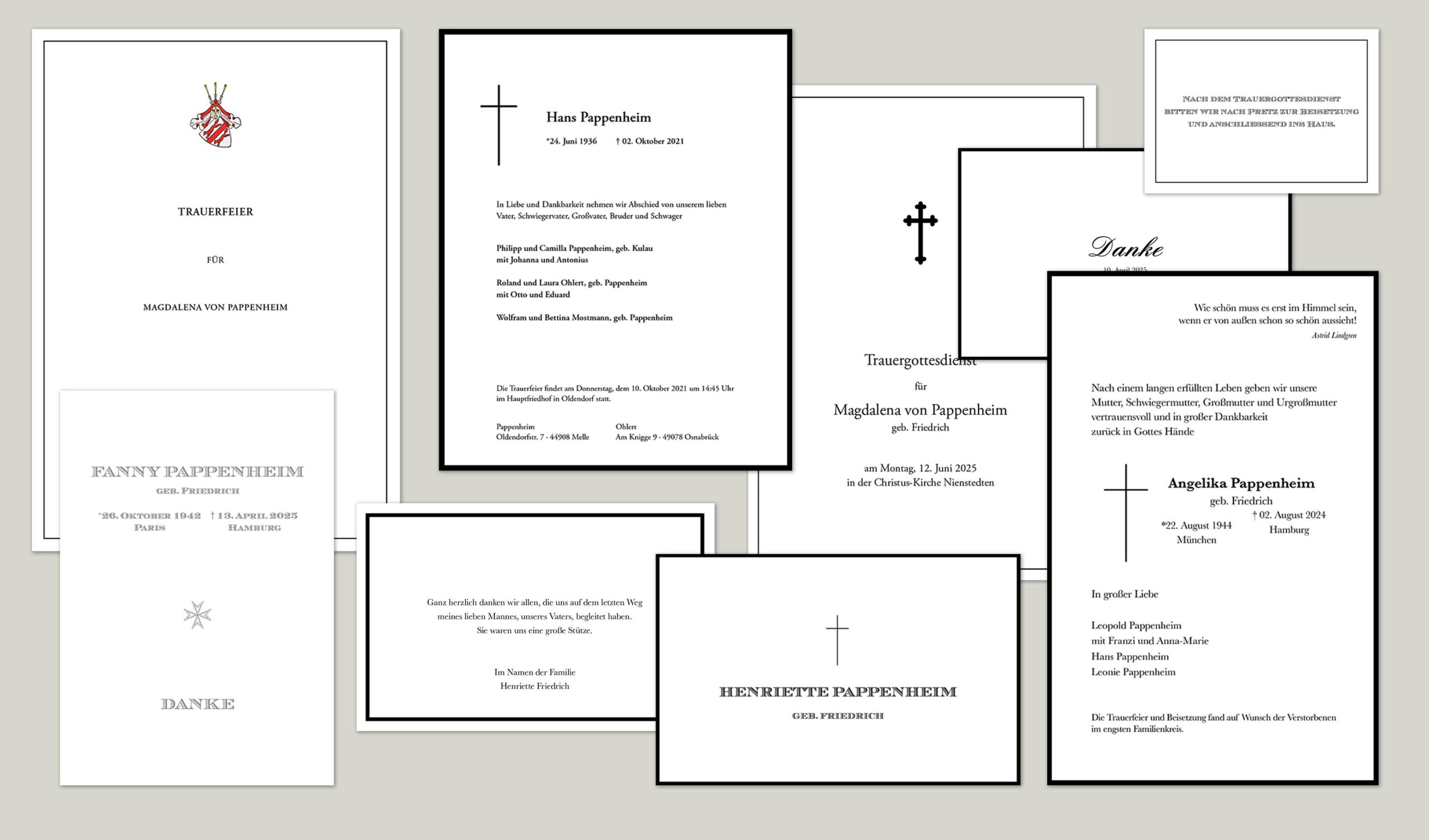 Verschiedene Traueranzeigen in unterschiedlichen Formaten – stilvoll und individuell gestaltet.