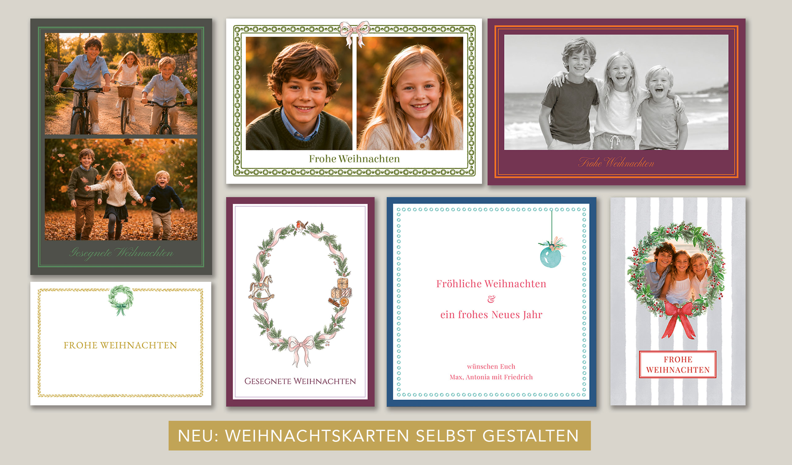 Collage exklusiver Weihnachtskarten mit eigenen Familienfotos, klassischen Rahmen und festlichen Motiven