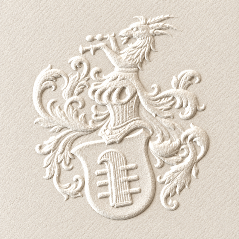 Wappen als Blindprägung Aufwendiges Wappen mit Helmzier als Blindprägung auf Papier